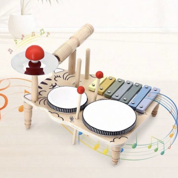 Batería Infantil de Madera 7 en 1 – Juguete Musical Educativo Montessori con Xilófono, Tambor y Platillos