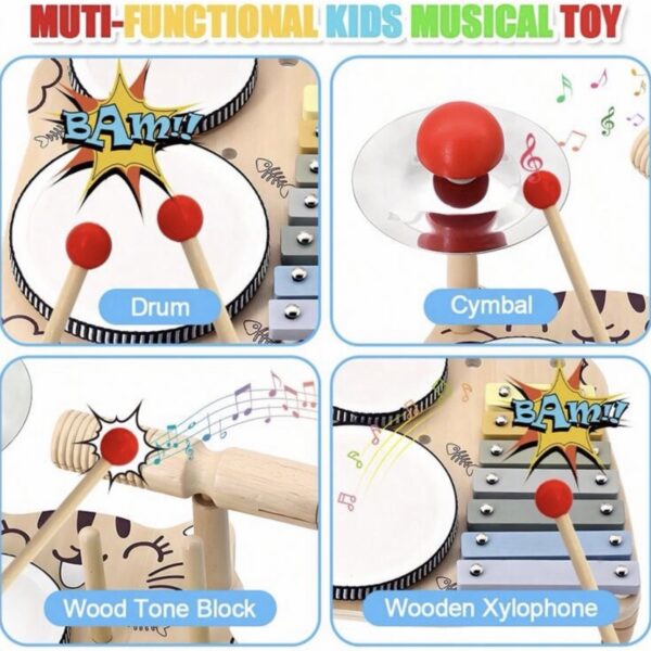 Batería Infantil de Madera 7 en 1 – Juguete Musical Educativo Montessori con Xilófono, Tambor y Platillos