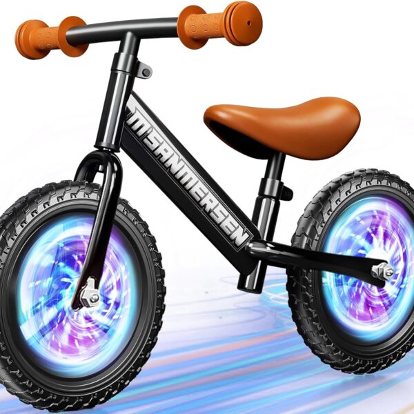 Bicicleta de Balance sin Pedales 12” con Luces LED – Para Niños de 2 a 5 Años, Liviana y Ajustable con Ruedas Iluminadas, Asiento y Manubrio Regulables