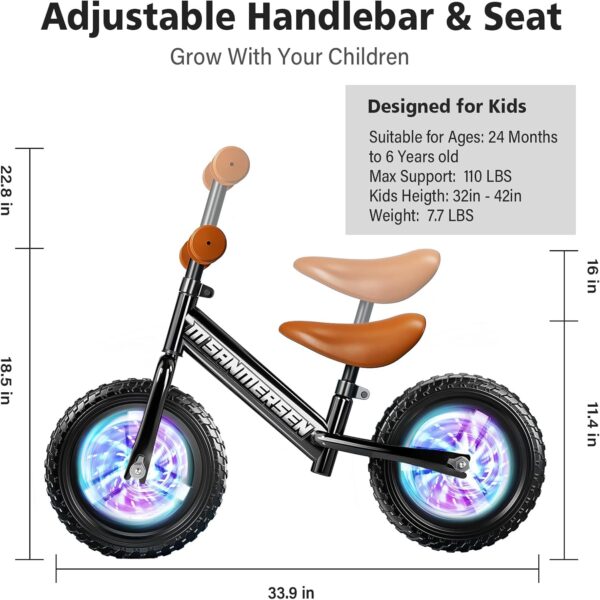 Bicicleta de Balance sin Pedales 12” con Luces LED – Para Niños de 2 a 5 Años, Liviana y Ajustable con Ruedas Iluminadas, Asiento y Manubrio Regulables