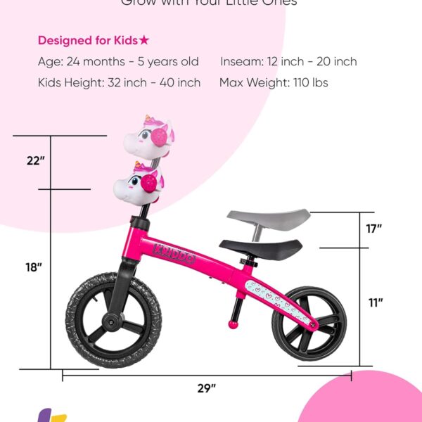 Bicicleta de Balance KRIDDO para Niños 2 a 5 Años – Sin Pedales, Altura Ajustable, Ruedas Todo Terreno, Color Rosa