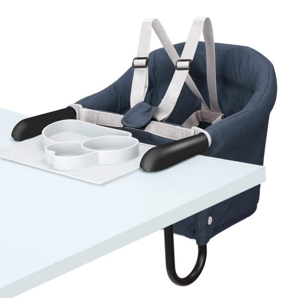 Silla de Comer Portátil de Mesa Plegable con Bandeja, clip de gancho – Arnés de 5 Puntos, Lavable y Compacta (6–36 meses), azul