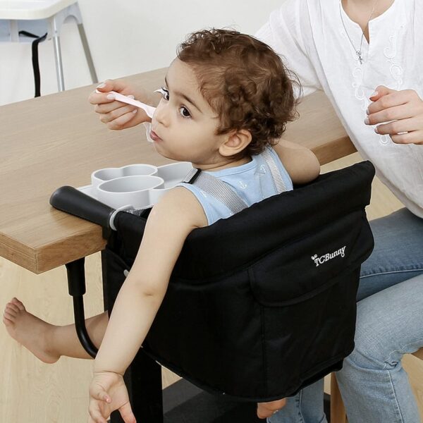 Silla de Comer Portátil de Mesa Plegable con Bandeja, clip de gancho – Arnés de 5 Puntos, Lavable y Compacta (6–36 meses), negro