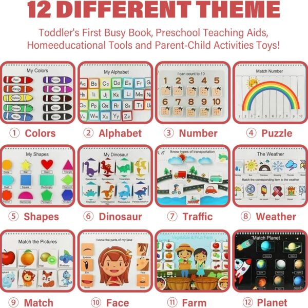 Libro Sensorial Educativo Preschool Busy Book – 12 Temas de Aprendizaje, +300 Stickers y Accesorios | Ideal para Viajes y Juego Didáctico