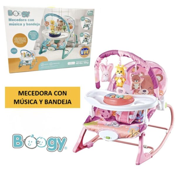 Boogy Mecedora 0M+ con Música, Vibración y Bandeja – Reclinable, Barra de Juguetes Extraíble y Soporta hasta 18 kg, rosado oso