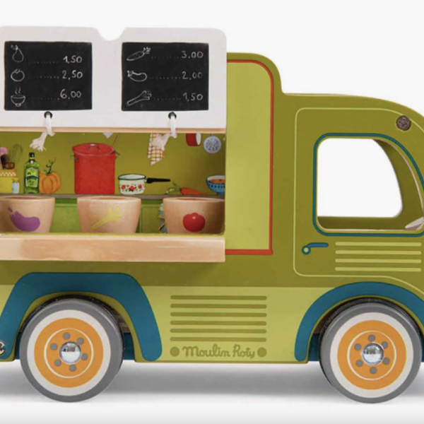 Food Truck de Madera Infantil con Ventana Abatible, Ruedas Funcionales y Accesorios – Juego de Cocina y Mercado