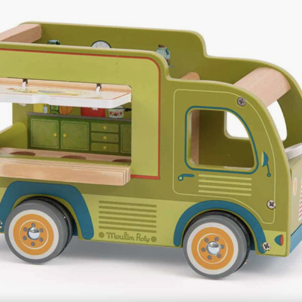 Food Truck de Madera Infantil con Ventana Abatible, Ruedas Funcionales y Accesorios – Juego de Cocina y Mercado