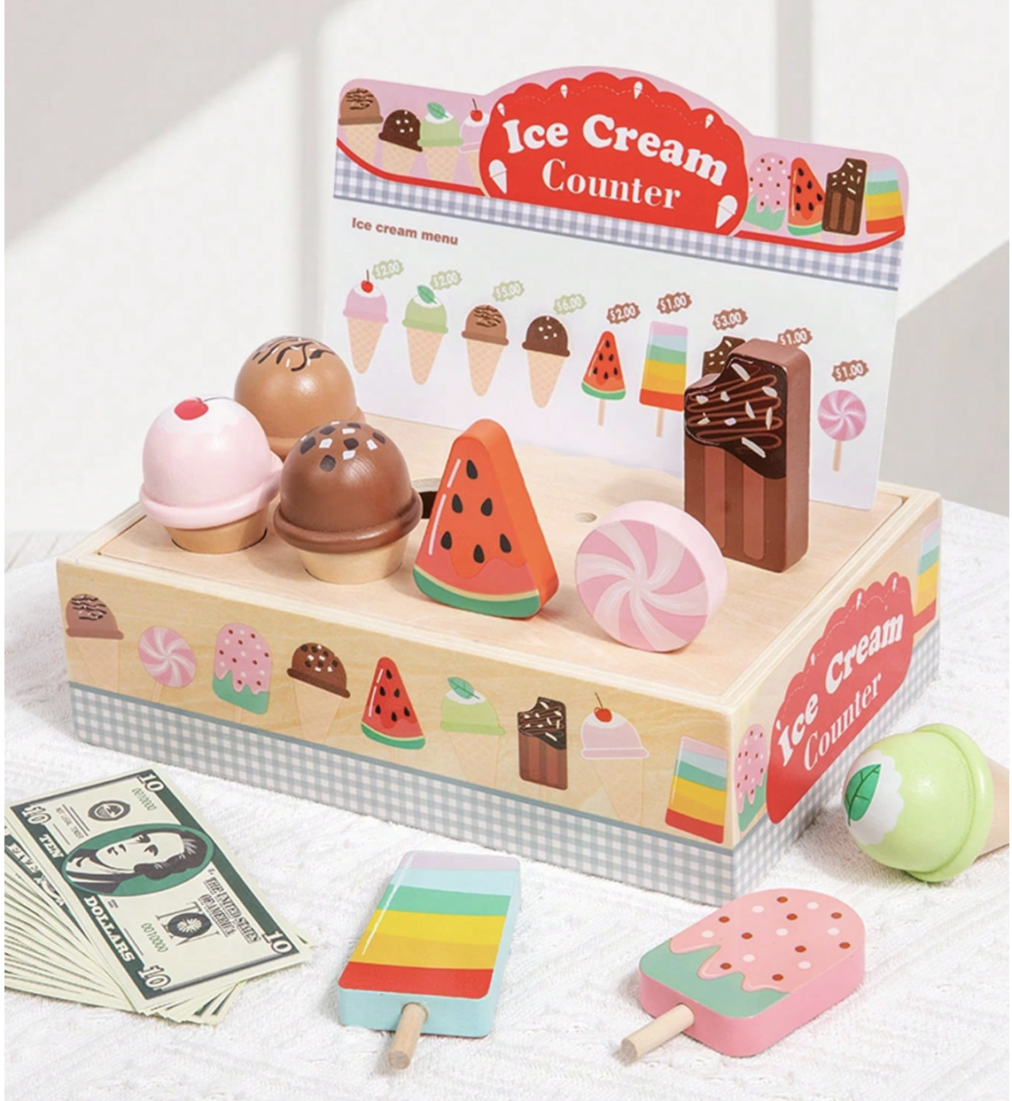 Juego de Heladería de Madera para Niños – Set de Juego de Rol con Mostrador, Helados y Menú, 3 años+