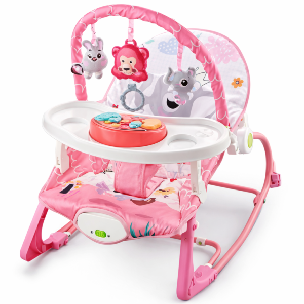 Boogy Mecedora 0M+ con Música, Vibración y Bandeja – Reclinable, Barra de Juguetes Extraíble y Soporta hasta 18 kg, rosado elefante