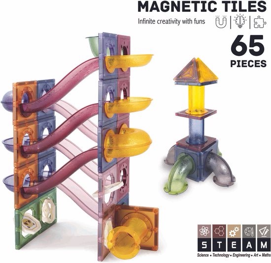 Juego de Bloques Magnéticos Roosly 65 Piezas – Pista de Canicas Magnética – Juguete Montessori STEAM para Niños