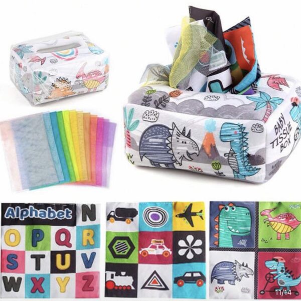 Caja de Pañuelos Sensoriales Montessori para Bebés +12 Meses – Juguete Educativo de Estimulación Temprana, dinosaurio