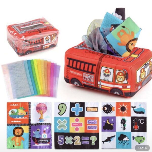 Caja de Pañuelos Sensoriales Montessori para Bebés +12 Meses – Juguete Educativo de Estimulación Temprana, bombero