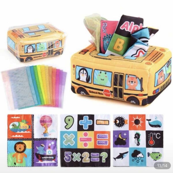 Caja de Pañuelos Sensoriales Montessori para Bebés +12 Meses – Juguete Educativo de Estimulación Temprana, autobús