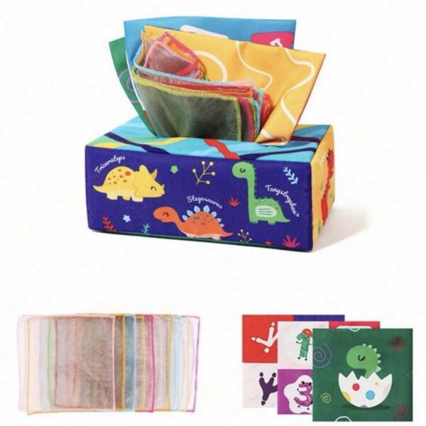 Caja de Pañuelos Sensorial para Bebé Montessori – Juguete Educativo de Estimulación Temprana con Telas y Papel Crujiente, dinosaurios