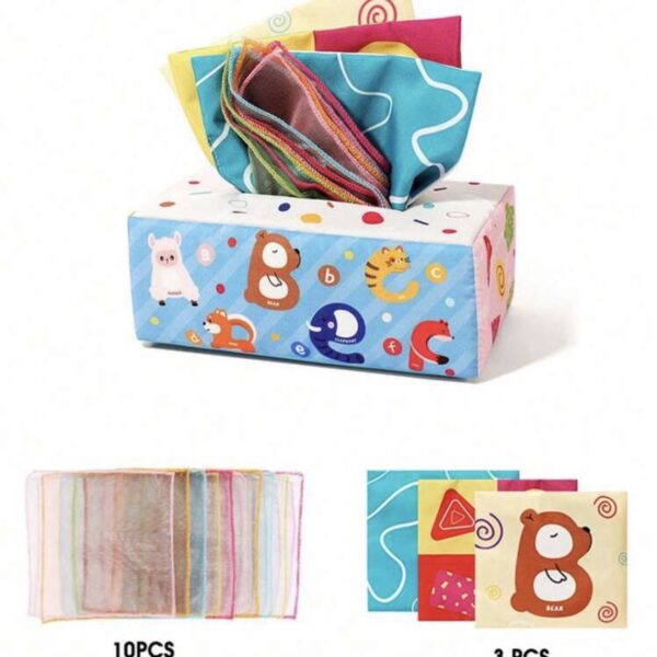 Caja de Pañuelos Sensorial para Bebé Montessori – Juguete Educativo de Estimulación Temprana con Telas y Papel Crujiente, letras