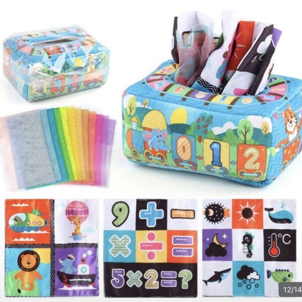 Caja de Pañuelos Sensoriales Montessori para Bebés +12 Meses – Juguete Educativo de Estimulación Temprana, número