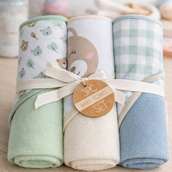 Set de 3 Salidas de Baño para Bebé con Capucha 76×76 cm – Toallas Suaves y Absorbentes, Uso Diario, oso verde