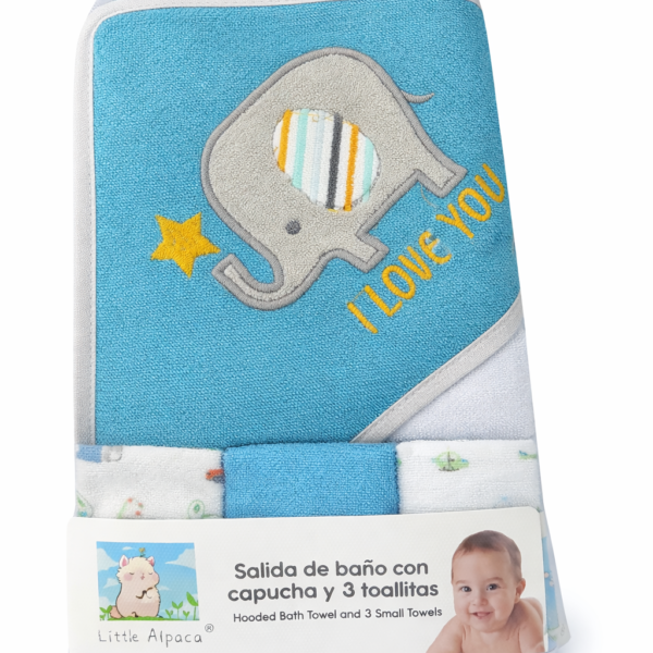 Salida de Baño para Bebé con Capucha 66×76 cm + Set de 3 Toallitas 20×20 cm – Toalla Suave y Absorbente para Recién Nacidos y Bebés, elefante turquesa