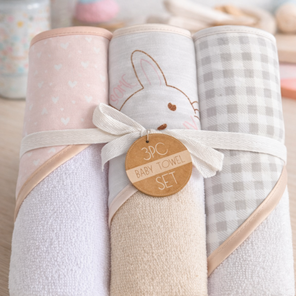 Set de 3 Salidas de Baño para Bebé con Capucha 76×76 cm – Toallas Suaves y Absorbentes, Uso Diario, conejito rosa