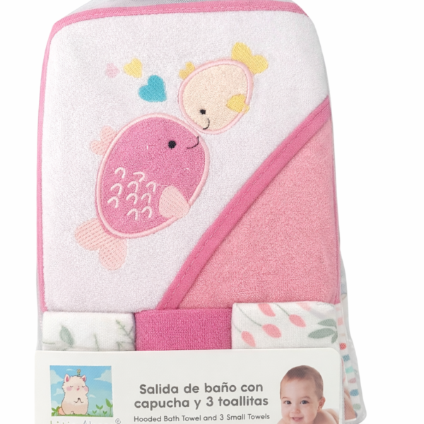 Salida de Baño para Bebé con Capucha 66×76 cm + Set de 3 Toallitas 20×20 cm – Toalla Suave y Absorbente para Recién Nacidos y Bebés, peces rosa