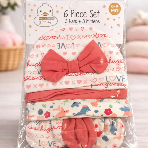 Set para Recién Nacido de 6 Piezas (0–9 Meses) – Gorros y guantes o mitones de Algodón 100% para Bebé, lazo y Love