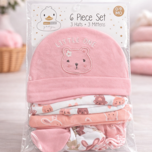 Set para Recién Nacido de 6 Piezas (0–9 Meses) – Gorros y guantes o mitones de Algodón 100% para Bebé, osito rosado