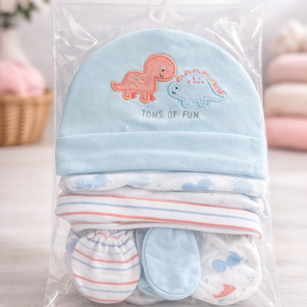Set para Recién Nacido de 6 Piezas (0–9 Meses) – Gorros y guantes o mitones de Algodón 100% para Bebé, dinosaurios celeste