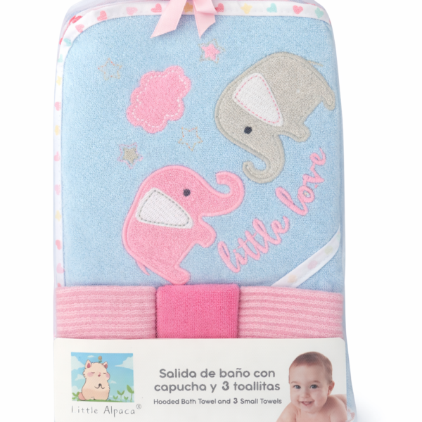Salida de Baño para Bebé con Capucha 66×76 cm + Set de 3 Toallitas 20×20 cm – Toalla Suave y Absorbente para Recién Nacidos y Bebés, elefante