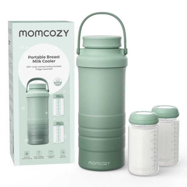 Momcozy Enfriador Portátil de Leche Materna 22oz (650ml) – 24H+ Enfriamiento 360° Sin Hielo – Incluye 2 Biberones – Verde