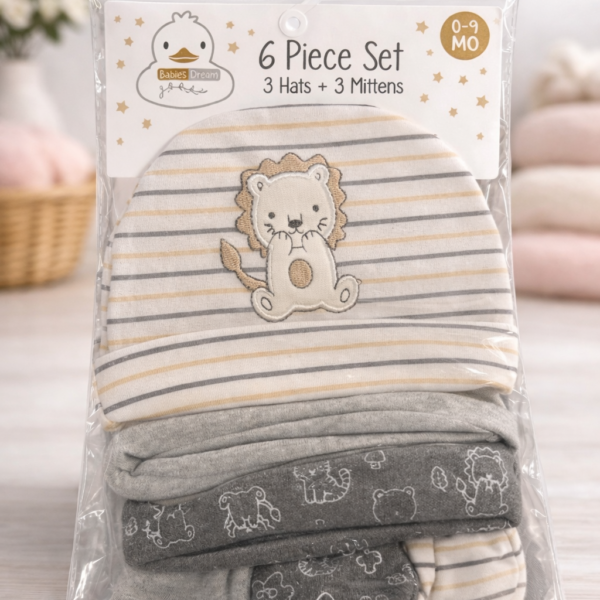 Set para Recién Nacido de 6 Piezas (0–9 Meses) – Gorros y guantes o mitones de Algodón 100% para Bebé, leon gris
