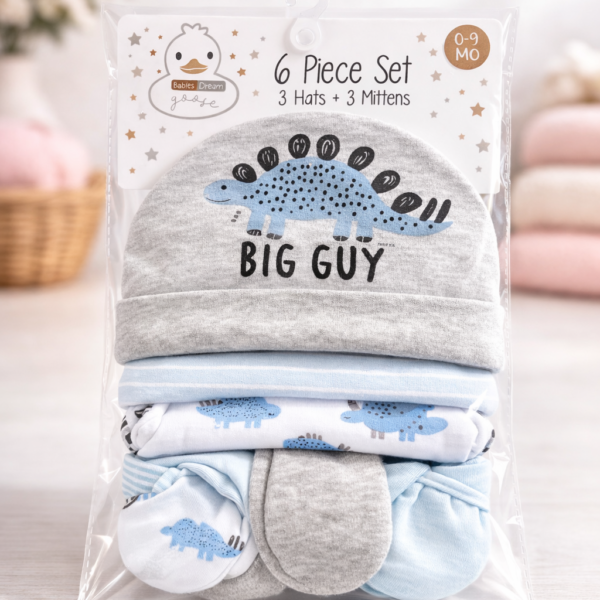 Set para Recién Nacido de 6 Piezas (0–9 Meses) – Gorros y guantes o mitones de Algodón 100% para Bebé, dinosaurio gris