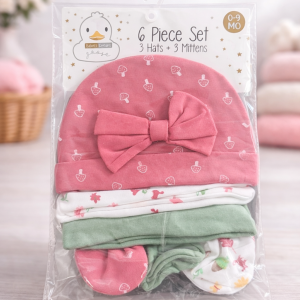 Set para Recién Nacido de 6 Piezas (0–9 Meses) – Gorros y guantes o mitones de Algodón 100% para Bebé, lazo rosado