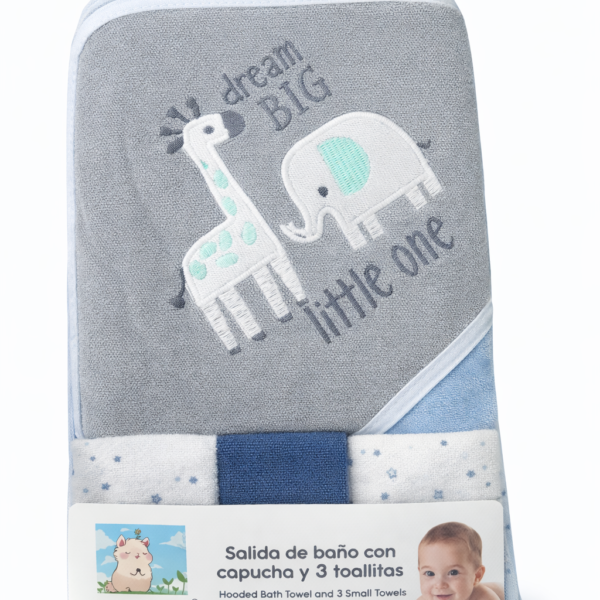 Salida de Baño para Bebé con Capucha 66×76 cm + Set de 3 Toallitas 20×20 cm – Toalla Suave y Absorbente para Recién Nacidos y Bebés, jirafa y elefante gris