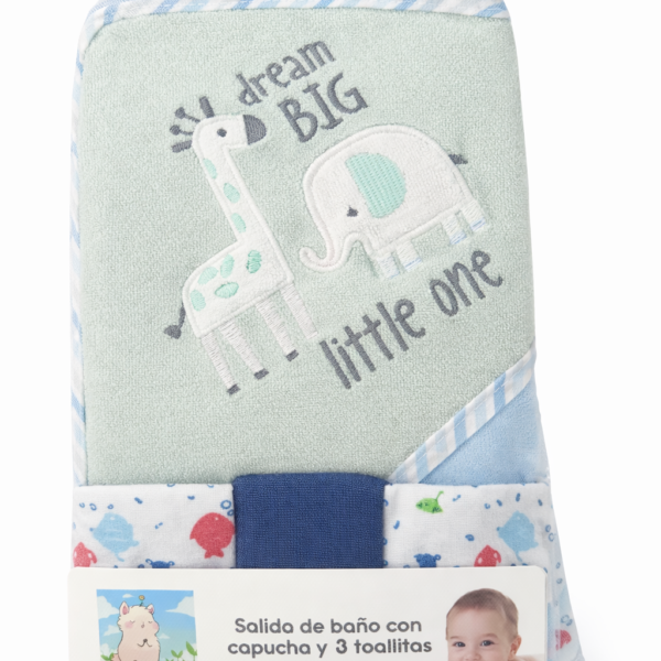 Salida de Baño para Bebé con Capucha 66×76 cm + Set de 3 Toallitas 20×20 cm – Toalla Suave y Absorbente para Recién Nacidos y Bebés, jirafa y elefante verde
