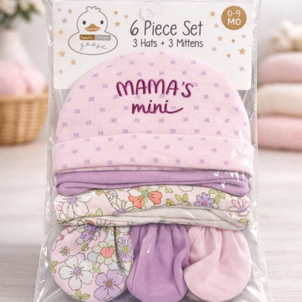 Set para Recién Nacido de 6 Piezas (0–9 Meses) – Gorros y guantes o mitones de Algodón 100% para Bebé, flores morado