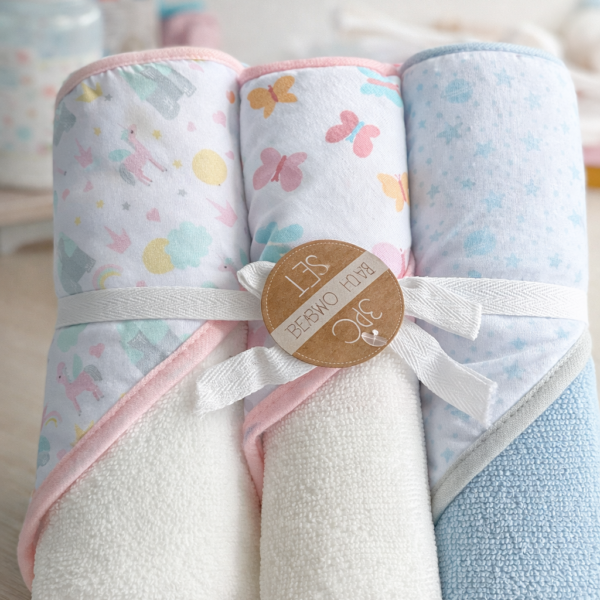 Set de 3 Salidas de Baño para Bebé con Capucha 76×76 cm – Toallas Suaves y Absorbentes, Uso Diario, unicornio y mariposas