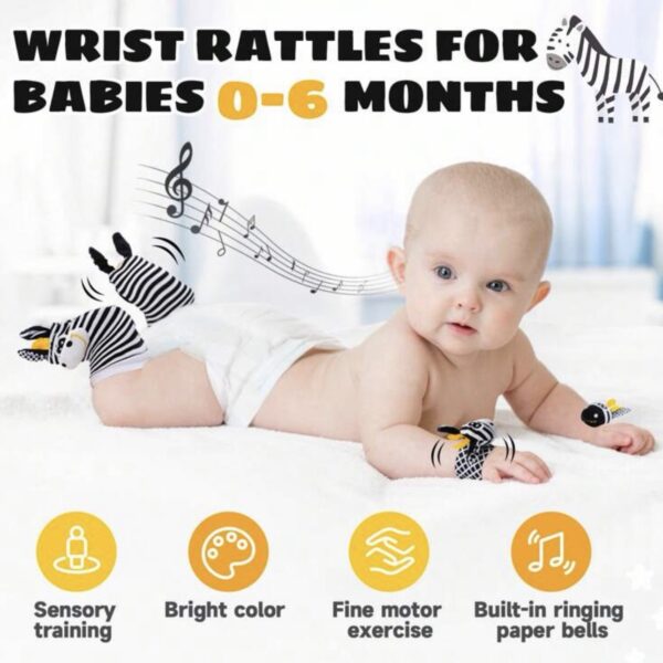 Set de 4 Sonajeros para Bebé 0-6 Meses – Muñequeras y Calcetines con Sonido, Juguete Sensorial de Alto Contraste Blanco y Negro para Recién Nacido