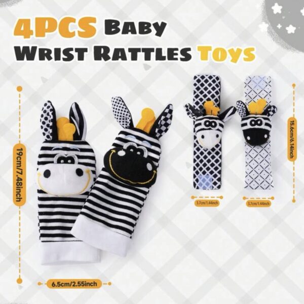 Set de 4 Sonajeros para Bebé 0-6 Meses – Muñequeras y Calcetines con Sonido, Juguete Sensorial de Alto Contraste Blanco y Negro para Recién Nacido