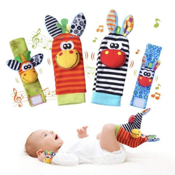 Set de 4 Sonajeros Sensoriales para Bebé 0-6 Meses – Muñequeras y Calcetines con Sonido, Juguetes de Estimulación Temprana para Manos y Pies