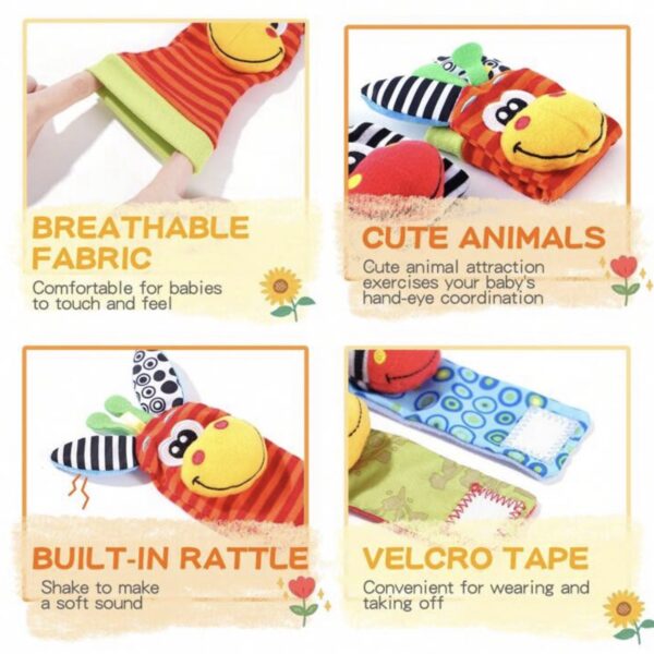 Set de 4 Sonajeros Sensoriales para Bebé 0-6 Meses – Muñequeras y Calcetines con Sonido, Juguetes de Estimulación Temprana para Manos y Pies