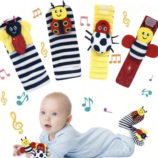 Set de 4 Sonajeros Sensoriales para Bebé 0-6 Meses – Muñequeras y Calcetines con Sonido, Juguetes de Estimulación Temprana para Manos y Pies, abejas