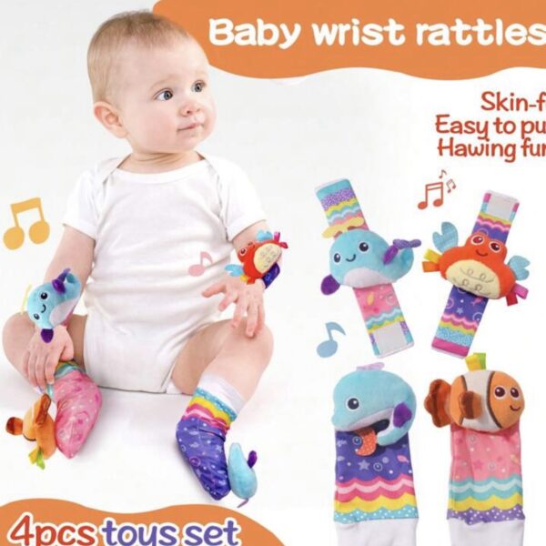 Set de 4 Sonajeros Sensoriales para Bebé 0-6 Meses – Muñequeras y Calcetines con Sonido, Juguetes de Estimulación Temprana para Manos y Pies, océano