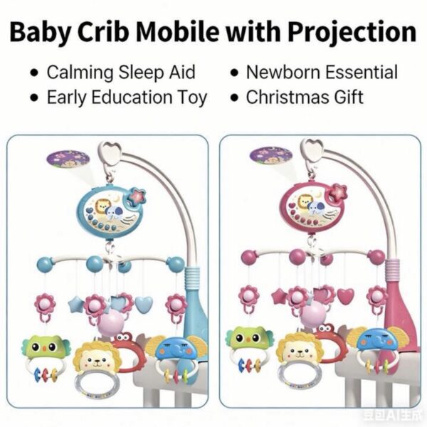 Móvil Musical para Cuna con Proyector, Rotación 360°, Luz Nocturna y Control Remoto – Juguete Sensorial para Bebé, celeste
