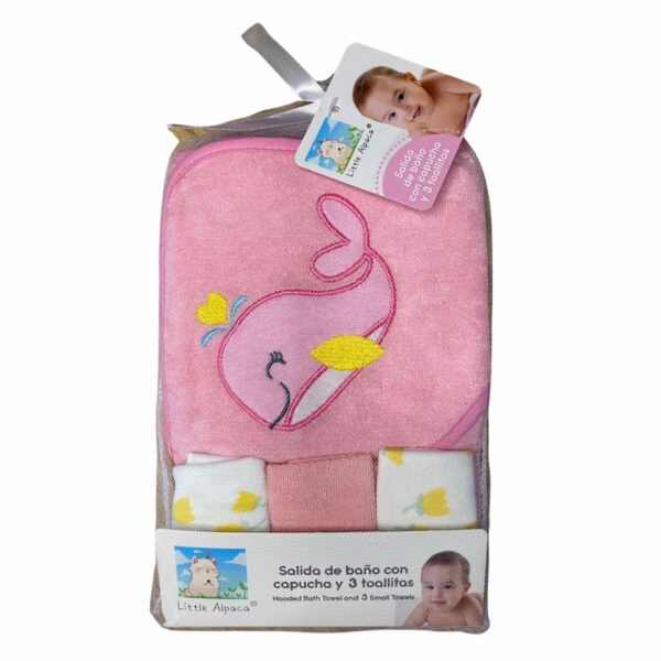 Salida de Baño para Bebé con Capucha 66×76 cm + Set de 3 Toallitas 20×20 cm – Toalla Suave y Absorbente para Recién Nacidos y Bebés, ballena rosada