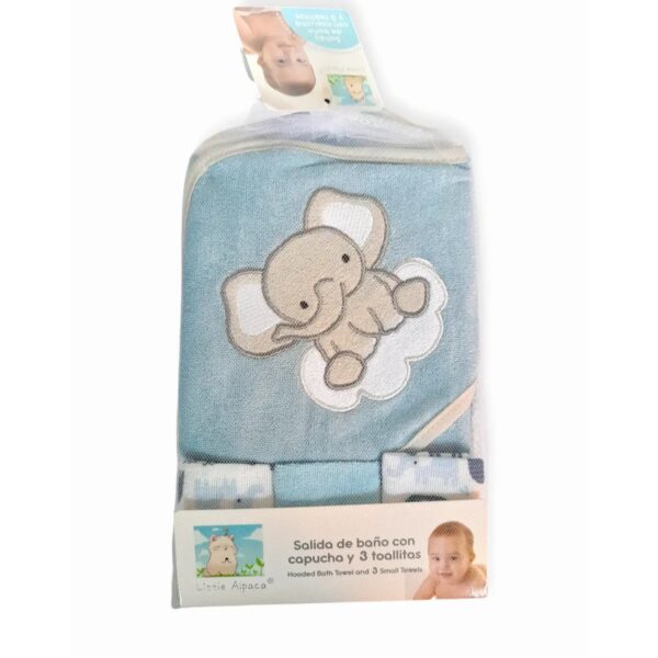 Salida de Baño para Bebé con Capucha 66×76 cm + Set de 3 Toallitas 20×20 cm – Toalla Suave y Absorbente para Recién Nacidos y Bebés, elefante en nube celeste