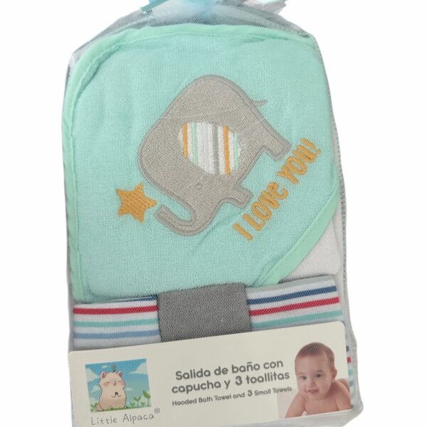 Salida de Baño para Bebé con Capucha 66×76 cm + Set de 3 Toallitas 20×20 cm – Toalla Suave y Absorbente para Recién Nacidos y Bebés, elefante verde