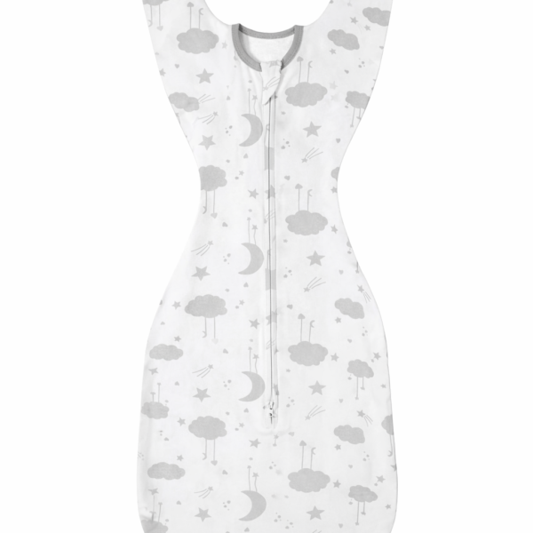 Saco de Dormir para Bebé con Mangas – Diseño Ergonómico en Forma de U con Cremallera Bidireccional, de 0-6 meses, 67.5x32.5 cm, luna y estrellas gris