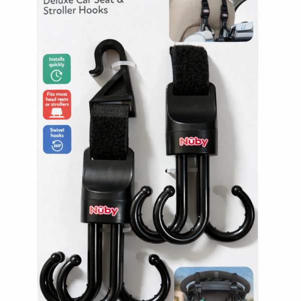 Nuby Ganchos Deluxe para Cochecito y Asiento de Auto – Ajustables 360° (2 Unidades)