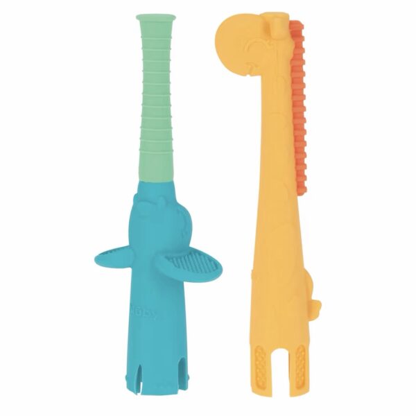 Set de 2 Mordedores de Silicona Nuby Tube Teether – Elefante y Jirafa (3+ meses)