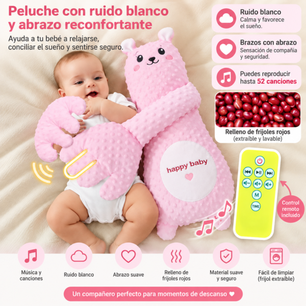 Peluche Calmante para Dormir Bebé con Palmadas Automáticas y música– Ayuda Antisobresalto Ajustable, rosado